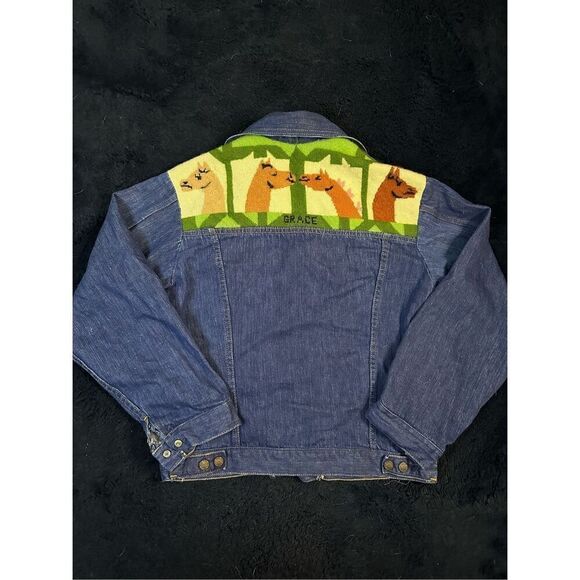 Vintage 1960s Slantzi Craft Selvedge Blue Jean Denim Needlepoint Jacket Womens L - Picture 7 of 13